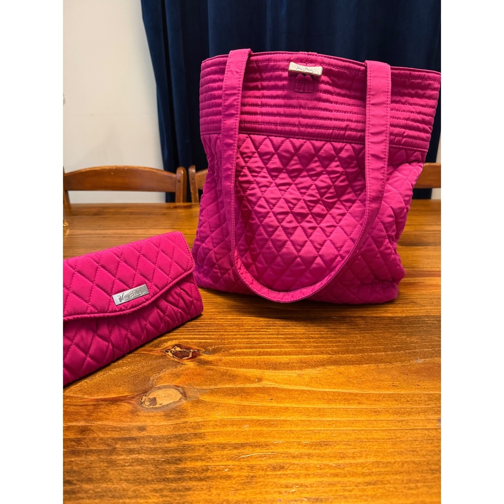 Vera Bradley Tote and Crossbody Wallet Set Women Magenta Pink Quilted Like New